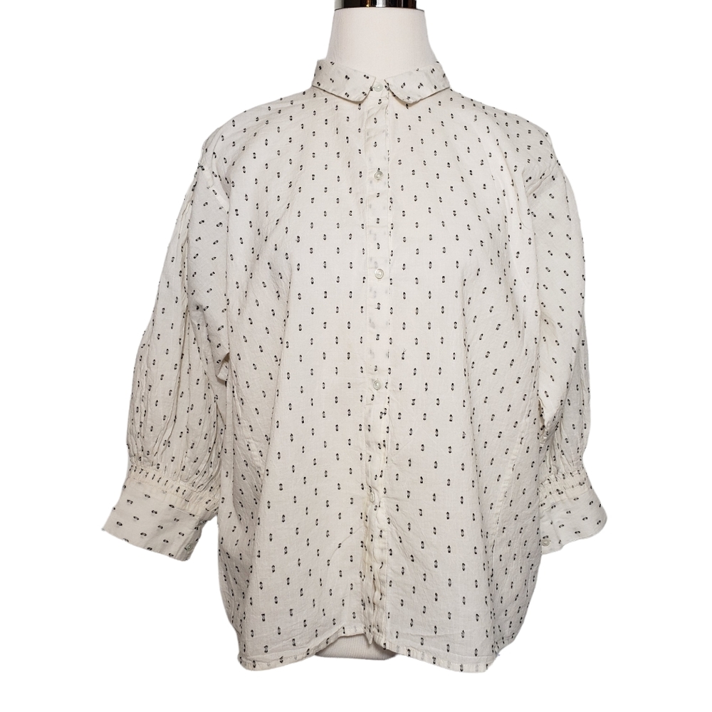 Nili Lotan Sz M Polka Dot Button Down 3/4 Balloon Sleeve Top.